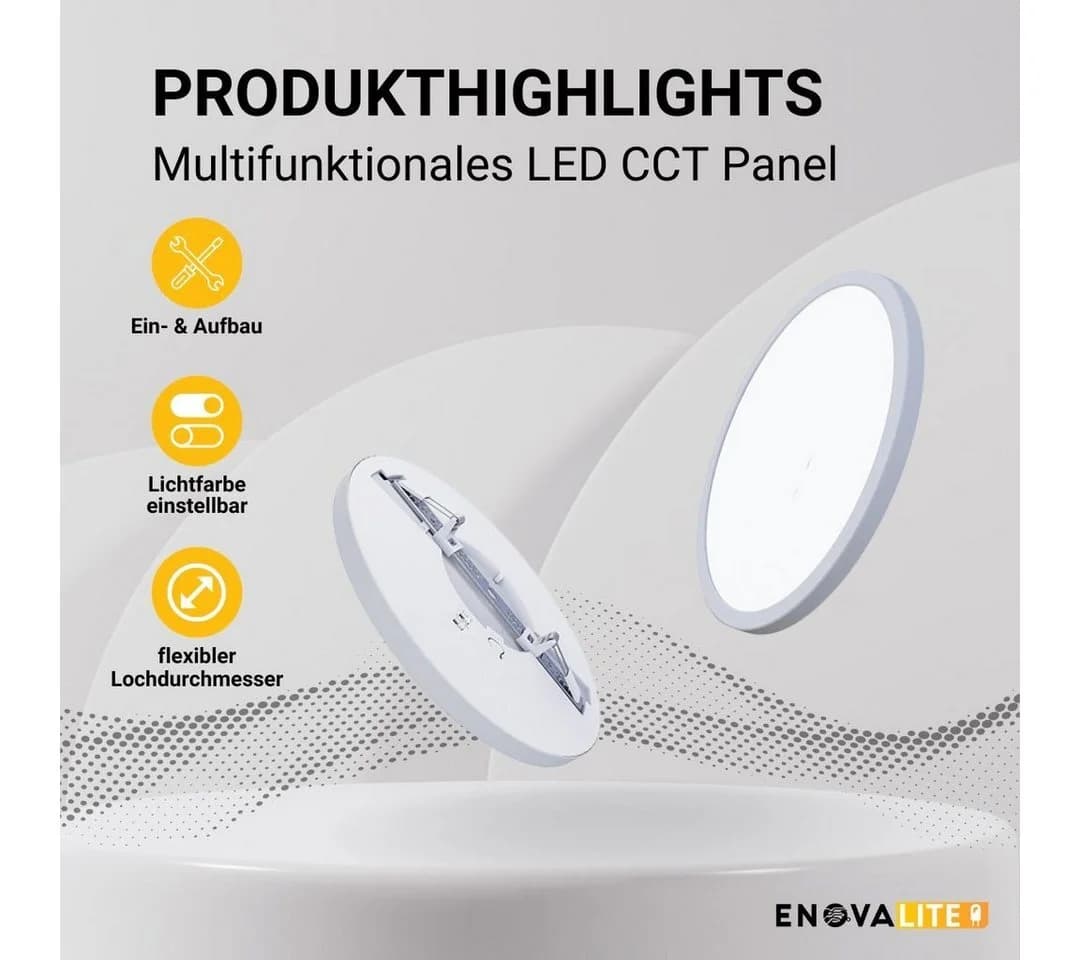 ENOVALITE LED Einbauleuchte LED CCT Panel, 18W, 1880 lm, ø225x17mm, LED fest integriert, warmweiß, CCT, neutralweiß, kaltweiß, Lochdurchm. variabel, Lichtfarbe einstellbar