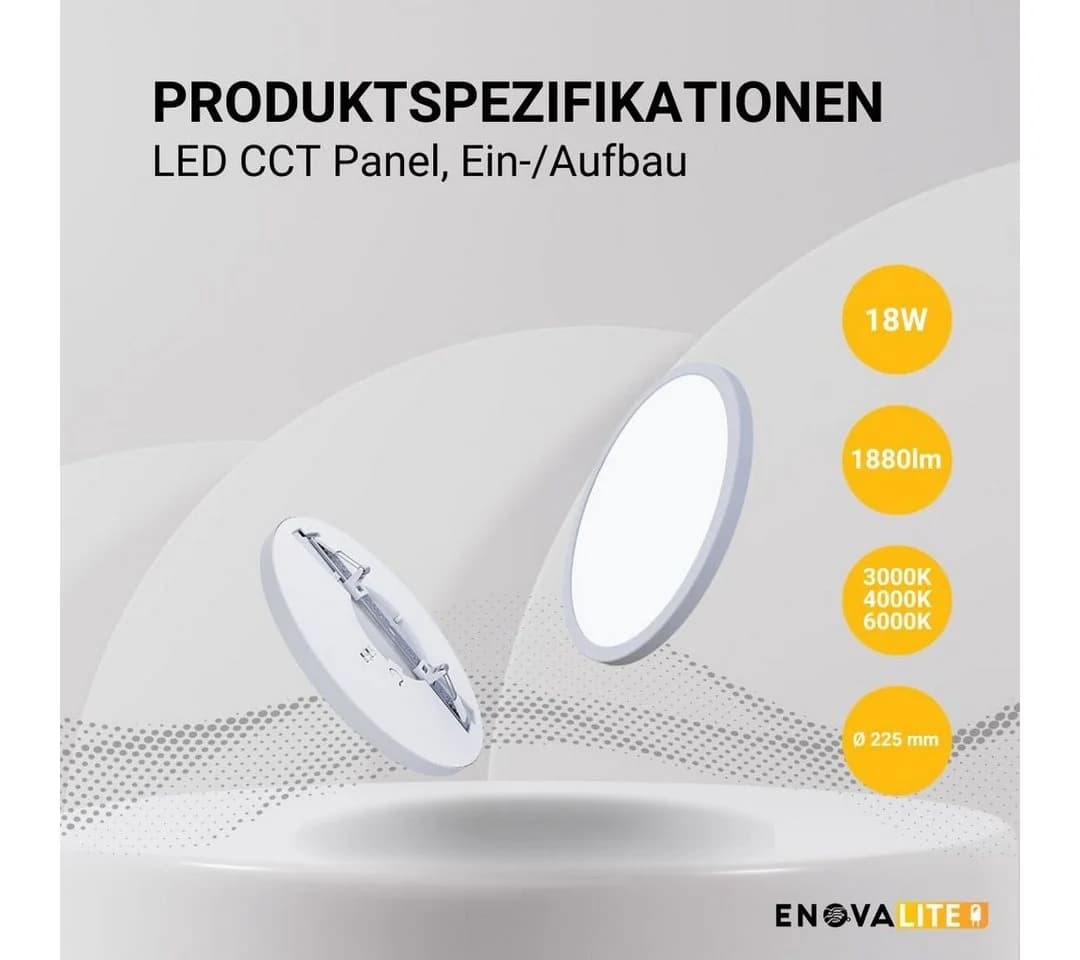 ENOVALITE LED Einbauleuchte LED CCT Panel, 18W, 1880 lm, ø225x17mm, LED fest integriert, warmweiß, CCT, neutralweiß, kaltweiß, Lochdurchm. variabel, Lichtfarbe einstellbar - Bild 3