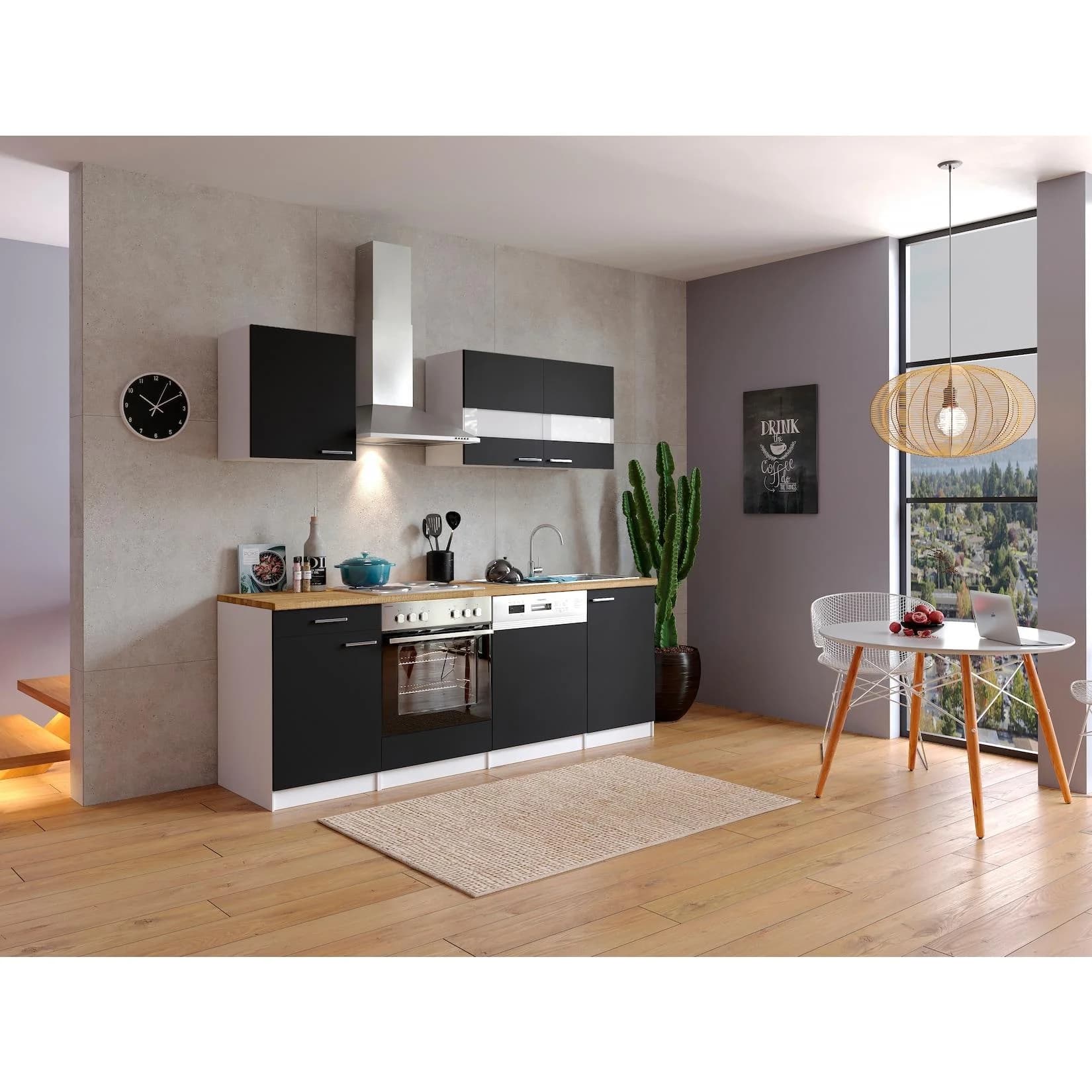 Respekta Küchenzeile KB220WS 220 cm Weiß-Schwarz