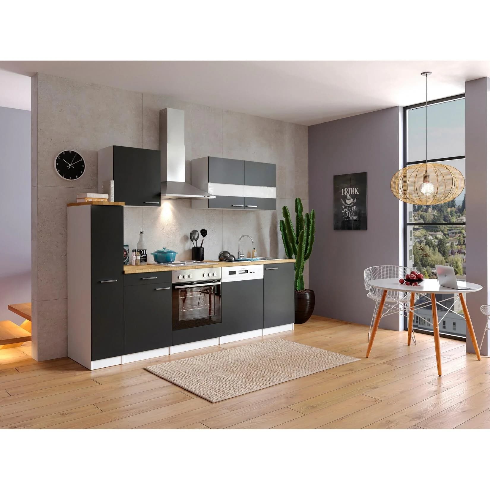 Respekta Küchenzeile KB250WS 250 cm Weiß-Schwarz