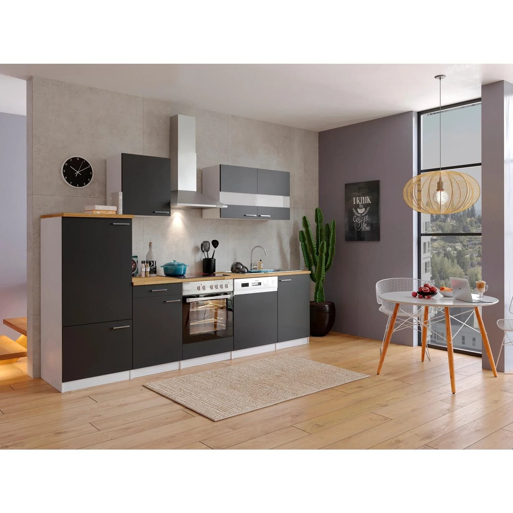 Respekta Küchenzeile KB280WSC 280 cm Weiß-Schwarz mit Glaskeramik
