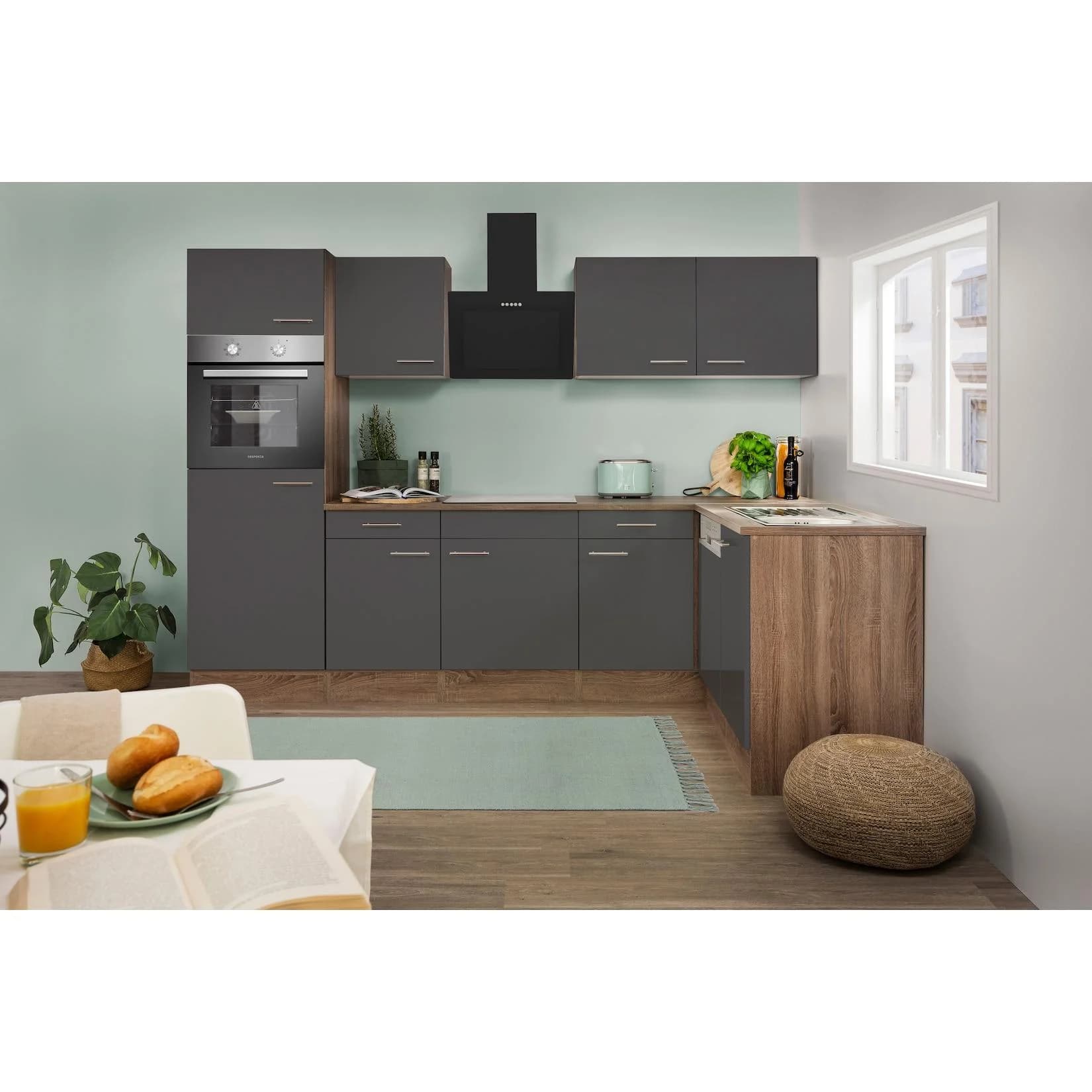 Respekta Eiche York Winkelküche 280 cm Grau mit E-Geräten