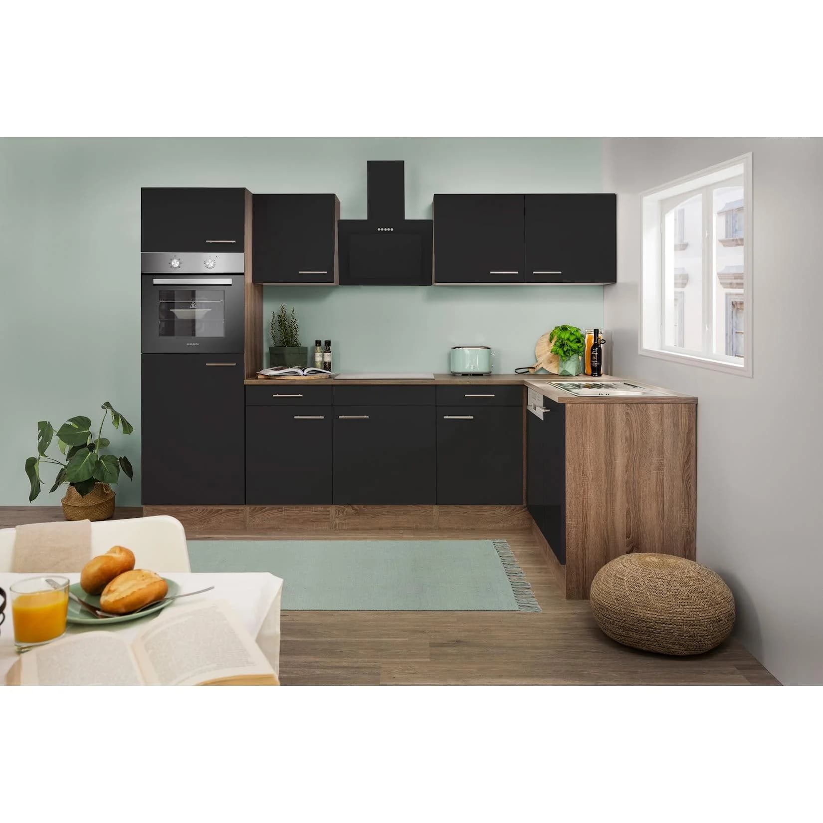 Respekta Küchenprogramm Eiche York Winkelküche 280 cm inkl. E-Geräte & Mineralite Einbauspüle, Schwarz