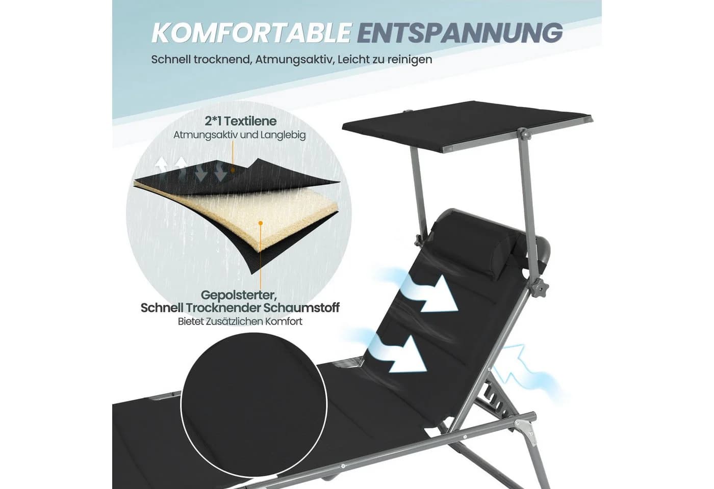 HOMECALL Gartenliege Sonnenliege Schwarz Klappbar Verstellbar - Bild 2