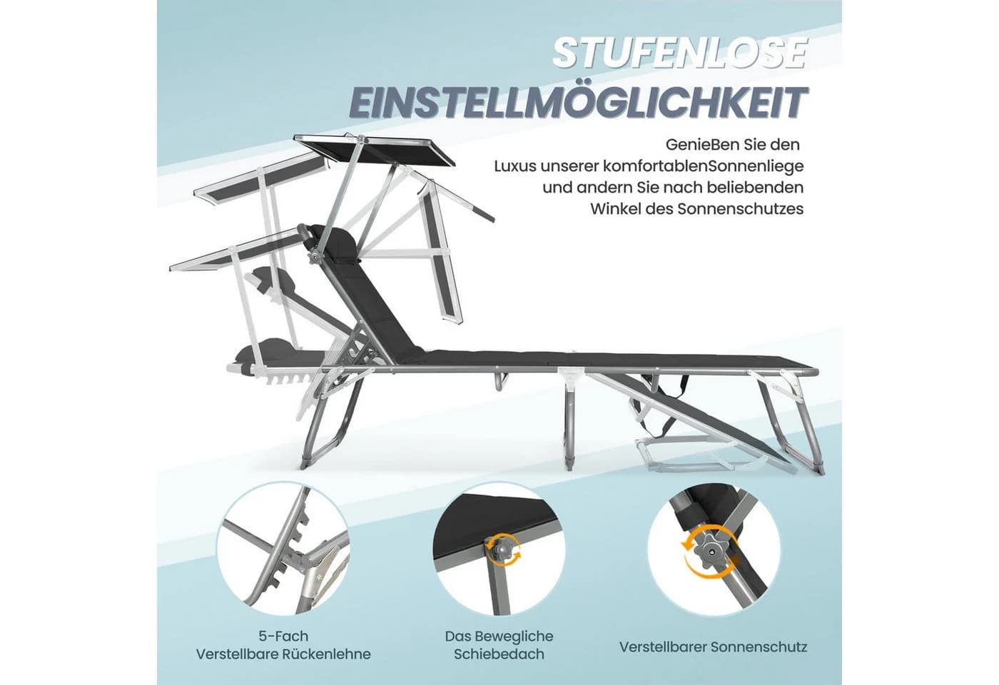 HOMECALL Gartenliege Sonnenliege Schwarz Klappbar Verstellbar - Bild 4