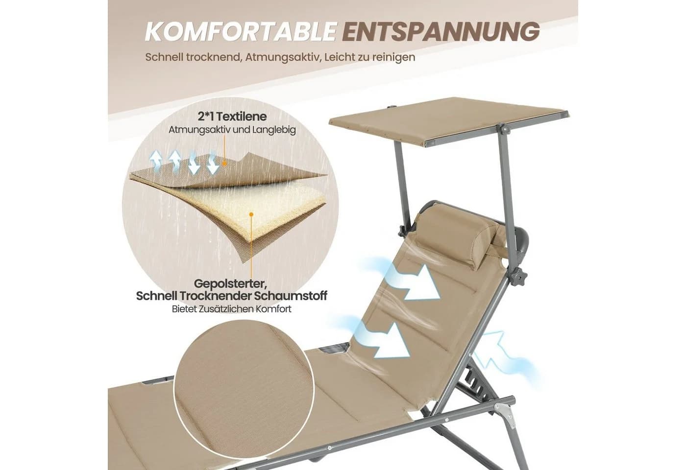 HOMECALL Klappbar-Gartenliege Beige Textilene Mit Dickem Schwamm - Bild 2