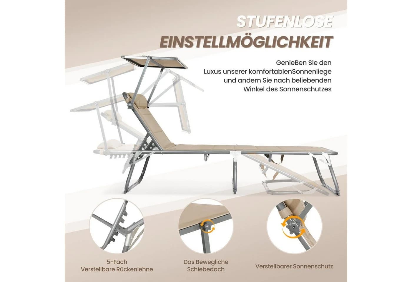 HOMECALL Klappbar-Gartenliege Beige Textilene Mit Dickem Schwamm - Bild 4