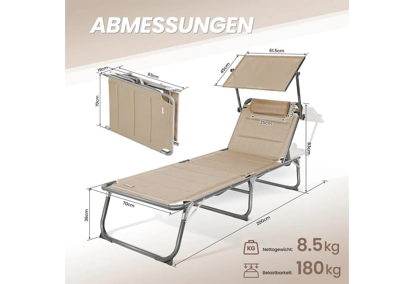HOMECALL Klappbar-Gartenliege Beige Textilene Mit Dickem Schwamm - Bild 5
