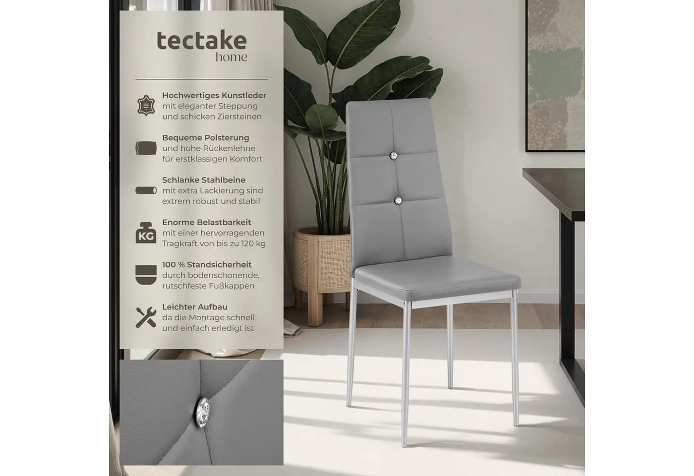 tectake Esszimmerstuhl Set 4-tlg. Grau/Silber Kunstleder mit Glitzersteinen - Bild 2