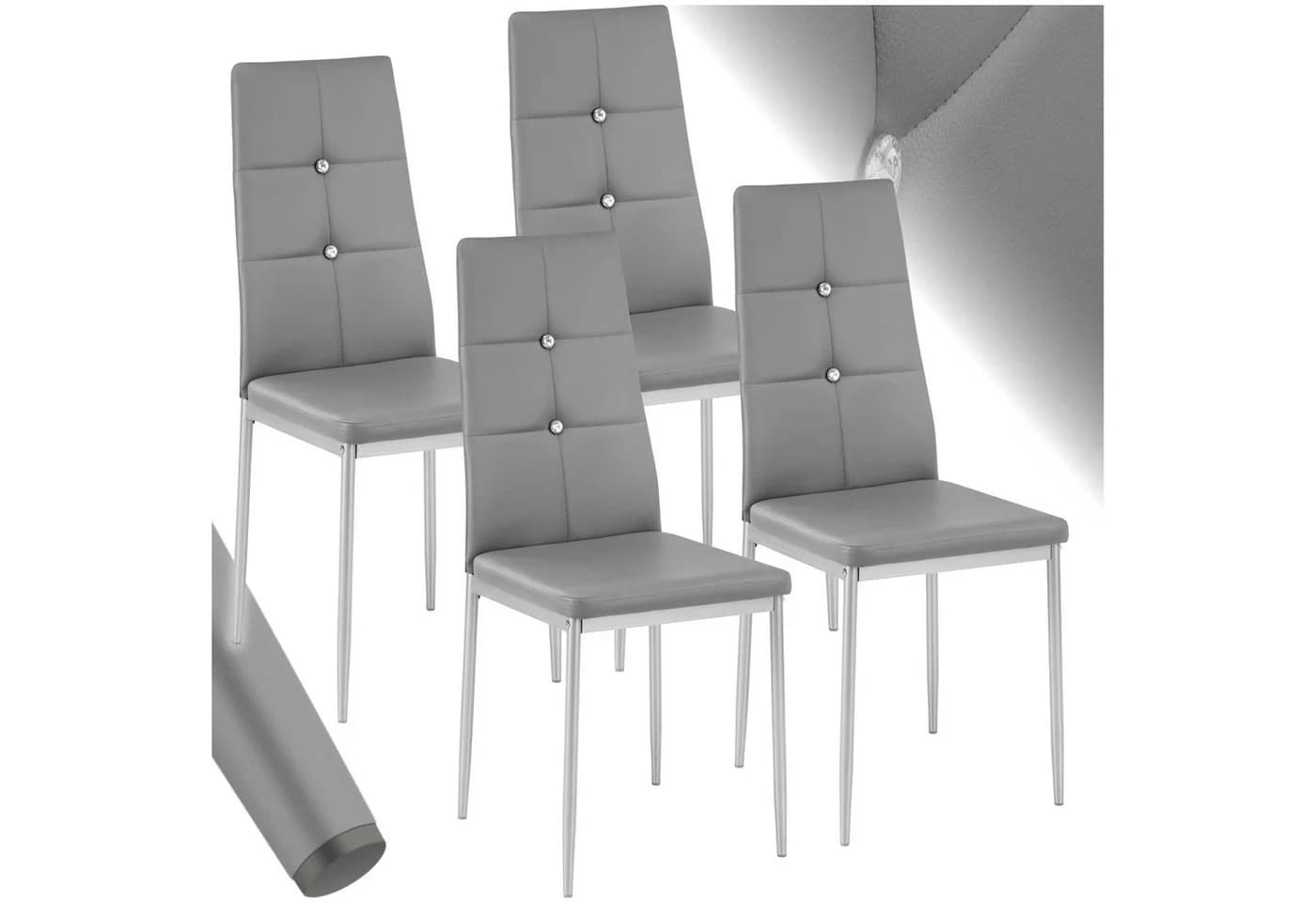 tectake Esszimmerstuhl Set 4-tlg. Grau/Silber Kunstleder mit Glitzersteinen - Bild 3