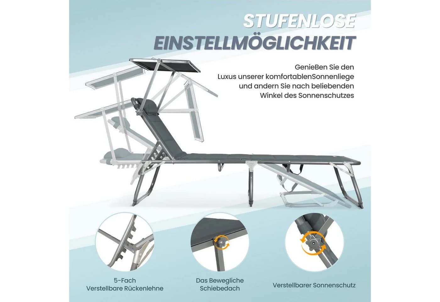 HOMECALL Gartenliege Klappbar Grau Verstellbare Rückenlehne - Bild 4