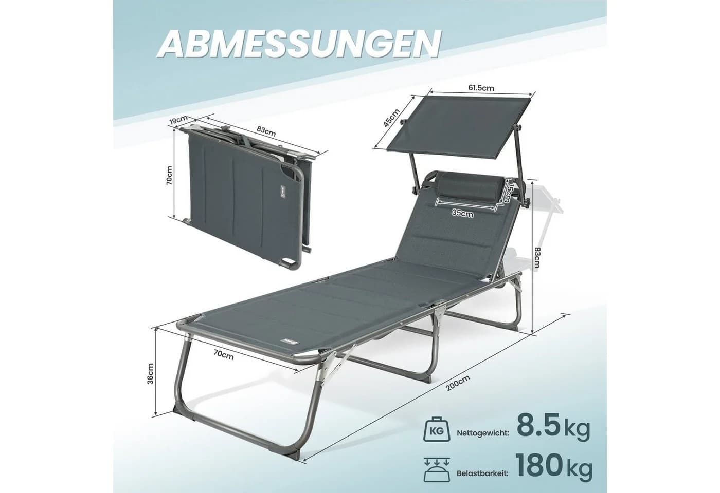 HOMECALL Gartenliege Klappbar Grau Verstellbare Rückenlehne - Bild 5