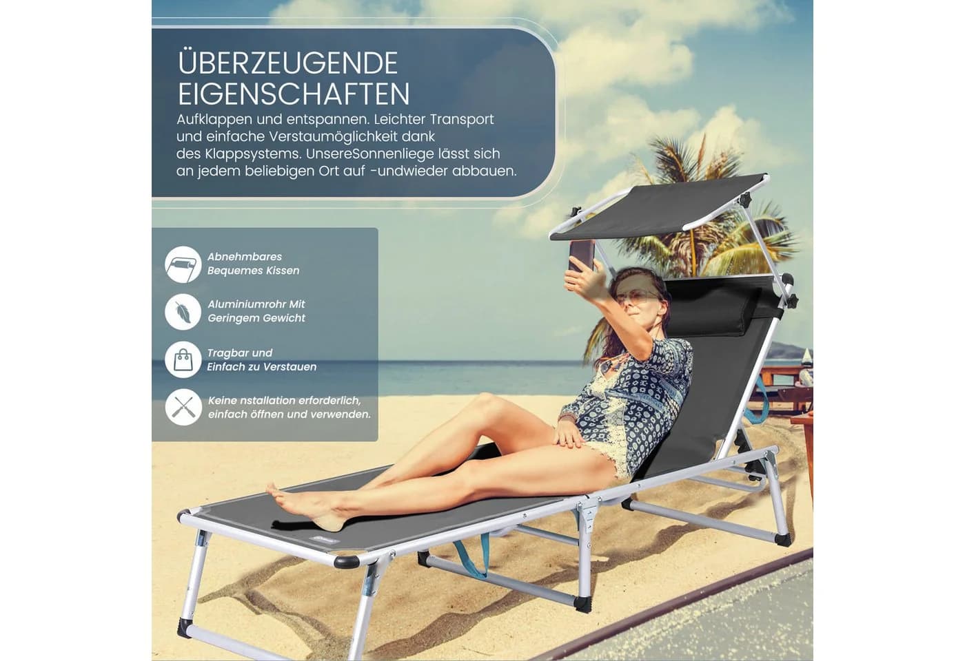 HOMECALL Gartenliege Leicht Schwarz 5-fach Verstellbar mit Sonnenschutzdach - Bild 2