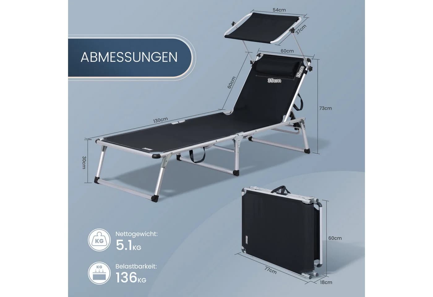 HOMECALL Gartenliege Leicht Schwarz 5-fach Verstellbar mit Sonnenschutzdach - Bild 4