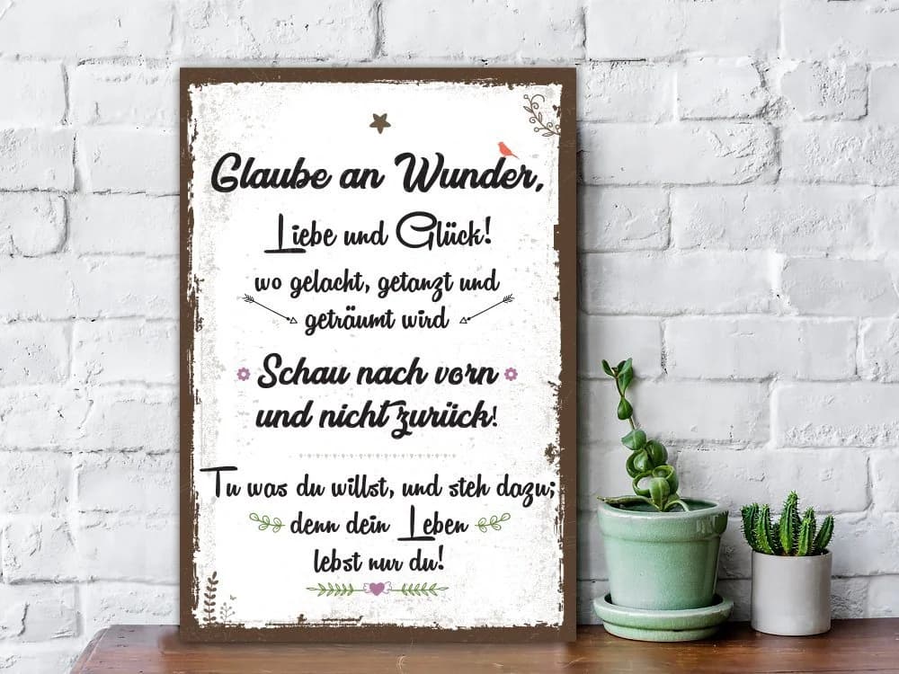 GRAVURZEILE Holzbild mit Spruch - Glaube an Wunder, Liebe & Glück - Holzschild