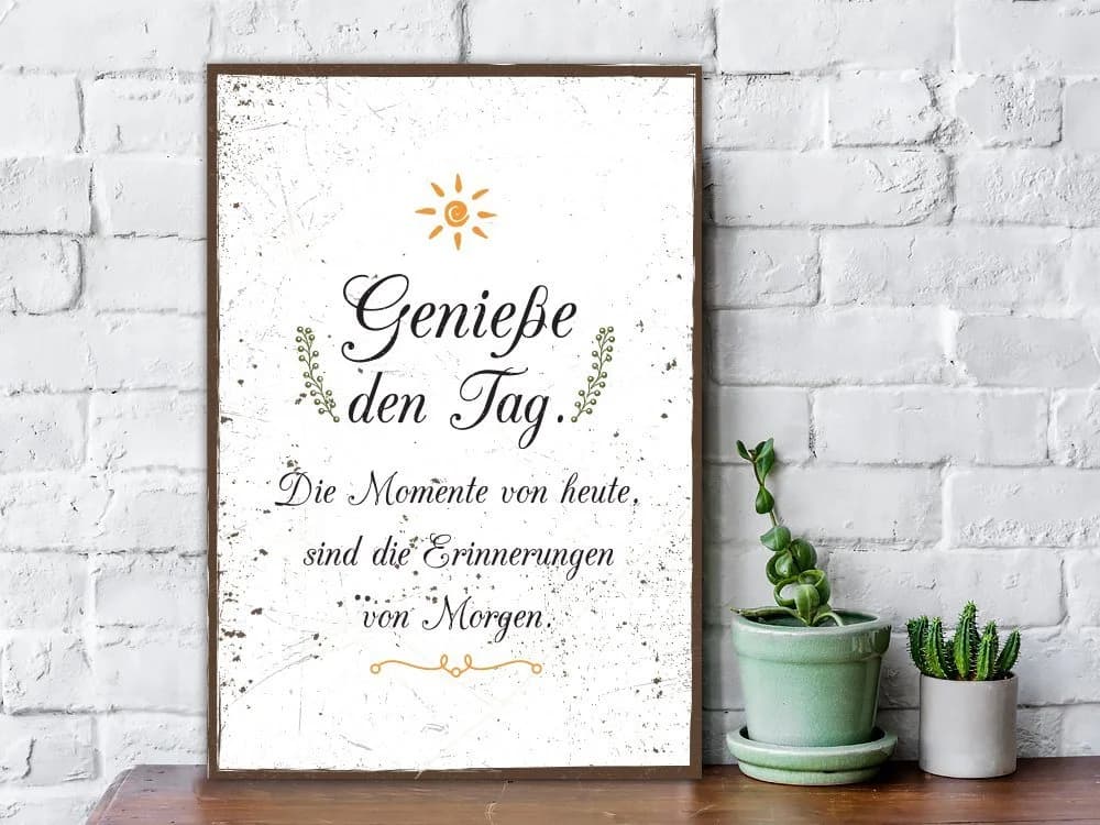 GRAVURZEILE Holzbild mit Spruch Genieße den Tag Holzschild
