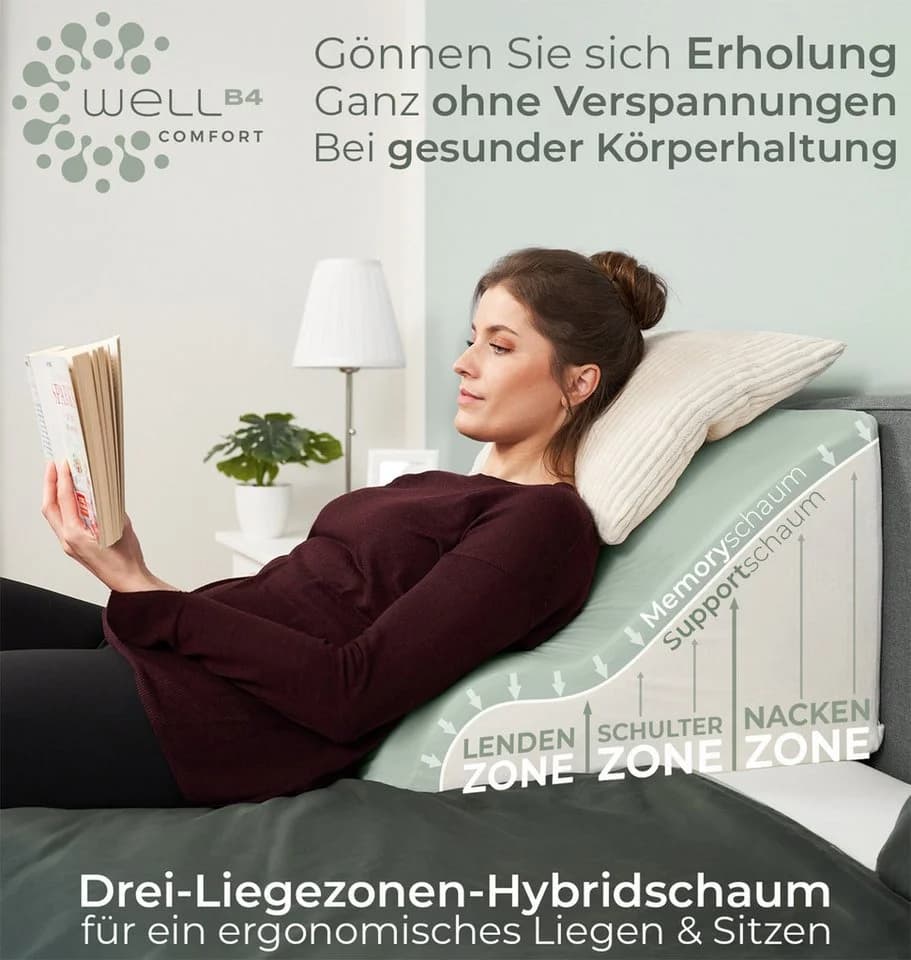Well B4 Keilkissen Lesekissen für Bett und Sofa – Bequemes Rückenkissen mit Memory Foam
