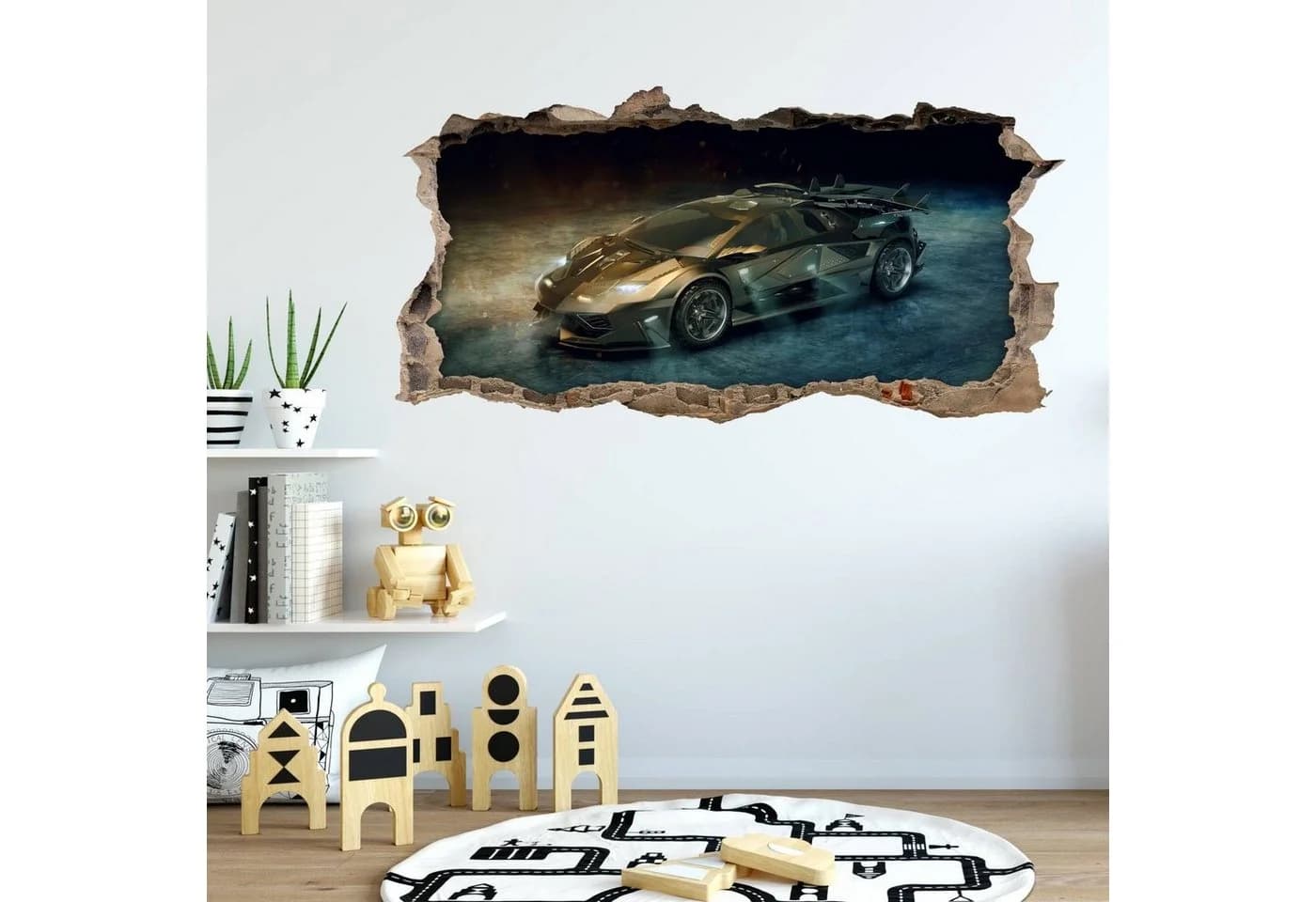 nikima Wandtattoo Sportwagen Gold Loch in der Wand