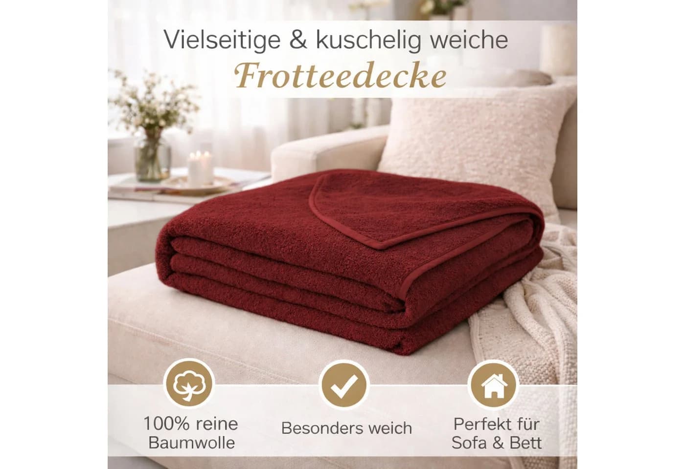 KiGATEX Wohndecke Frottee 100% Baumwolle Rot 150x200cm - Bild 4