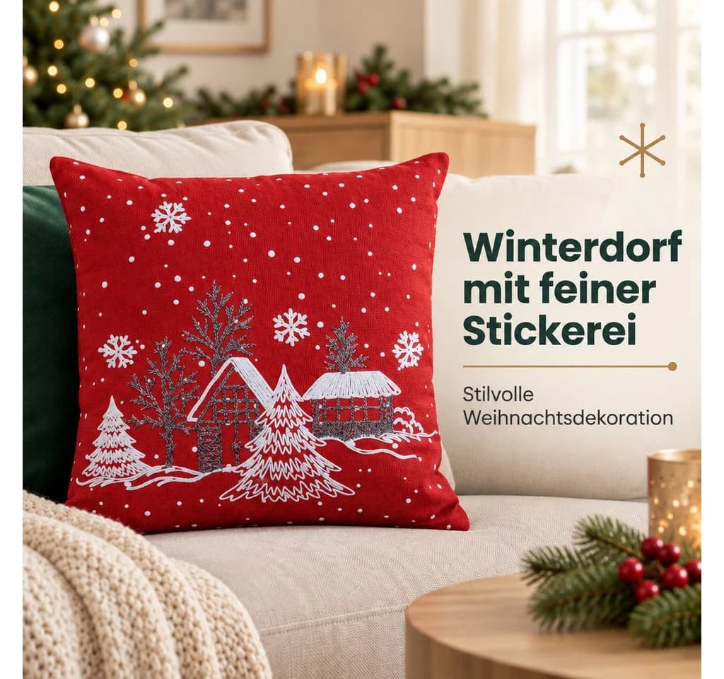 texpot Kissenhülle Winterdorf Stickerei Rot Dekokissen