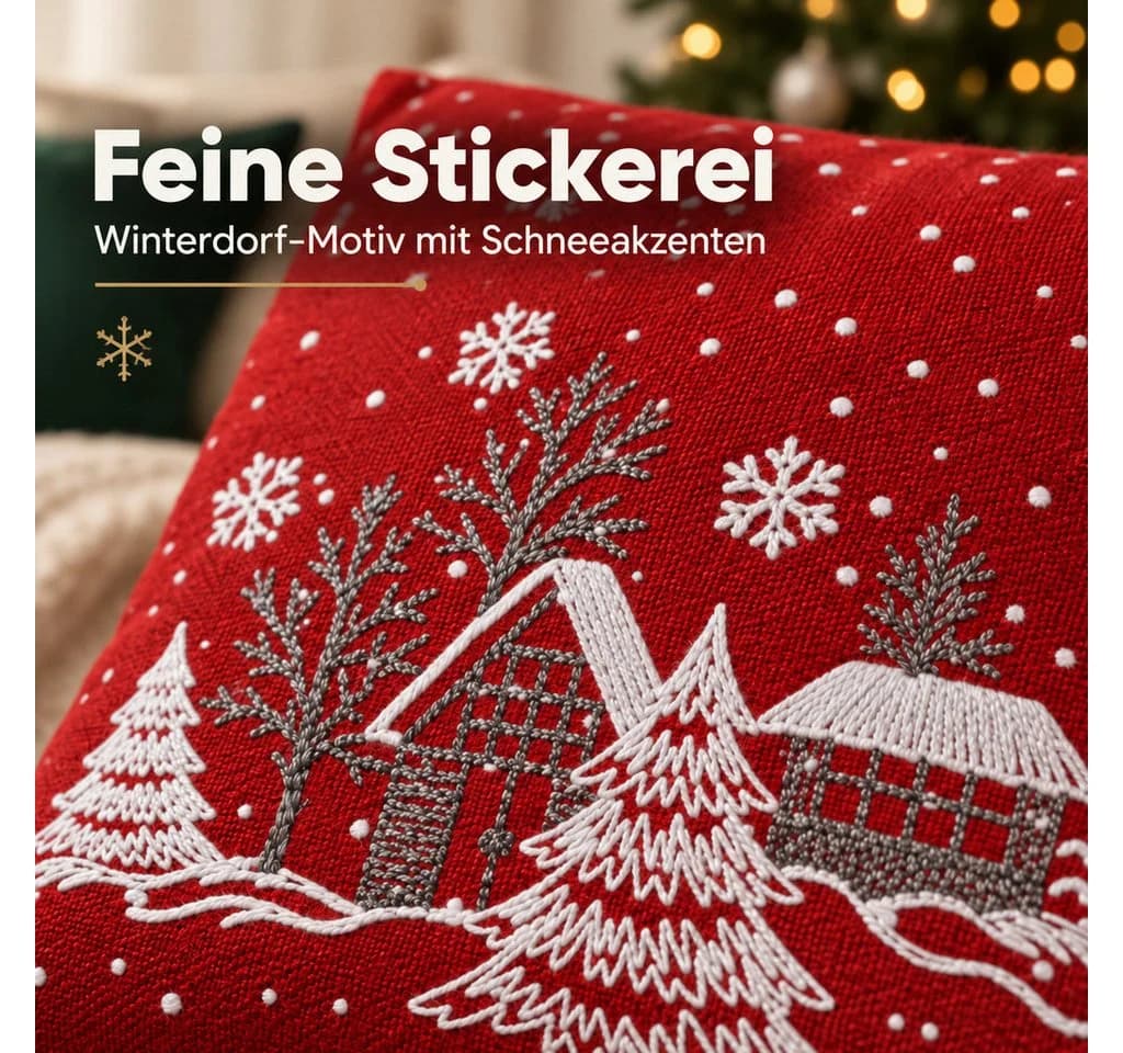 texpot Kissenhülle Winterdorf Stickerei Rot Dekokissen - Bild 3