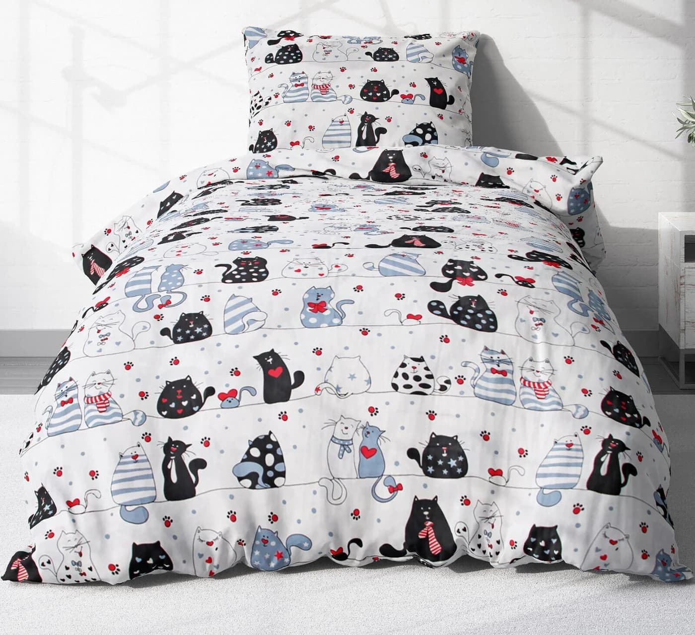 Heubergshop Kinderbettwäsche Renforcé 2-teilig 135x200cm + 80x80cm Katzen Weiß - Bild 2
