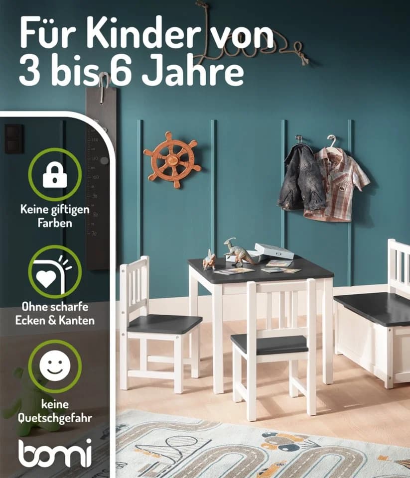 BOMI Kindersitzgruppe Anna 4-tlg. Massivholz Weiß-Grau mit Truhenbank - Bild 3