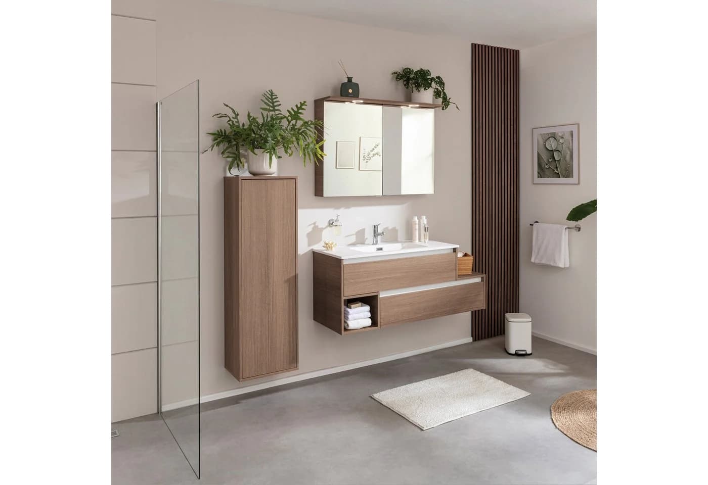 FACKELMANN Badmöbel-Set Waschtisch mit Unterschrank, Gussmarmorbecken Braun/Weiß - Bild 4