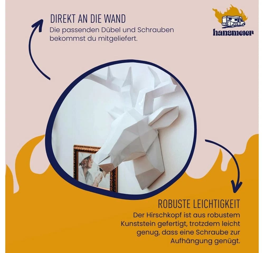 Hansmeier Wanddekoobjekt Hirsch Wandskulptur - Hirschkopf 3D Deko Schädel - Bild 3
