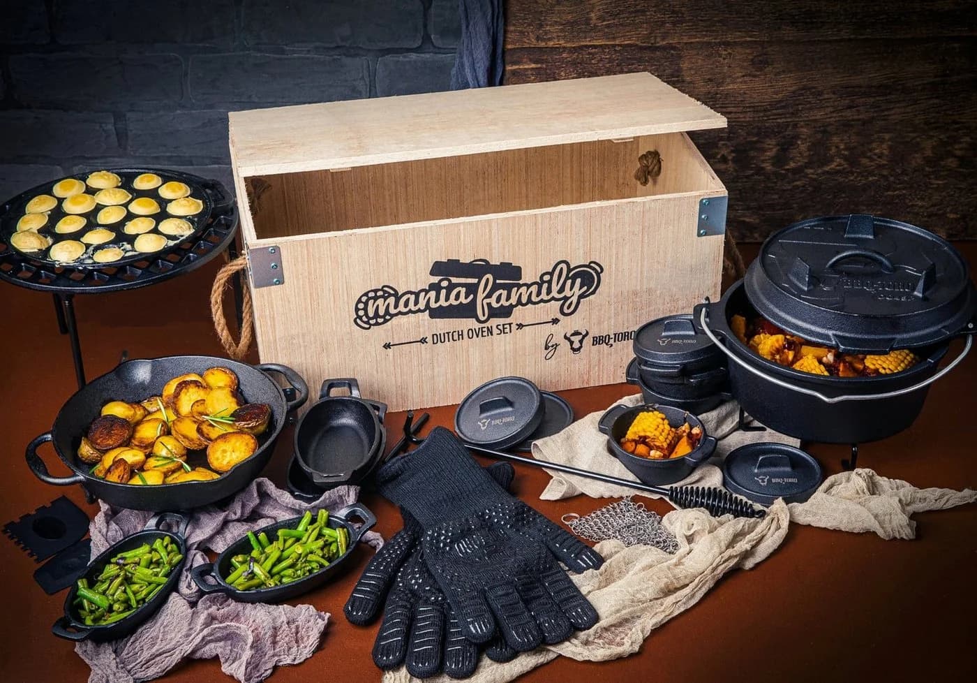 BBQ-Toro Dutch Oven Set 19-tlg. Gusseisen Preseasoned mit Holzkiste