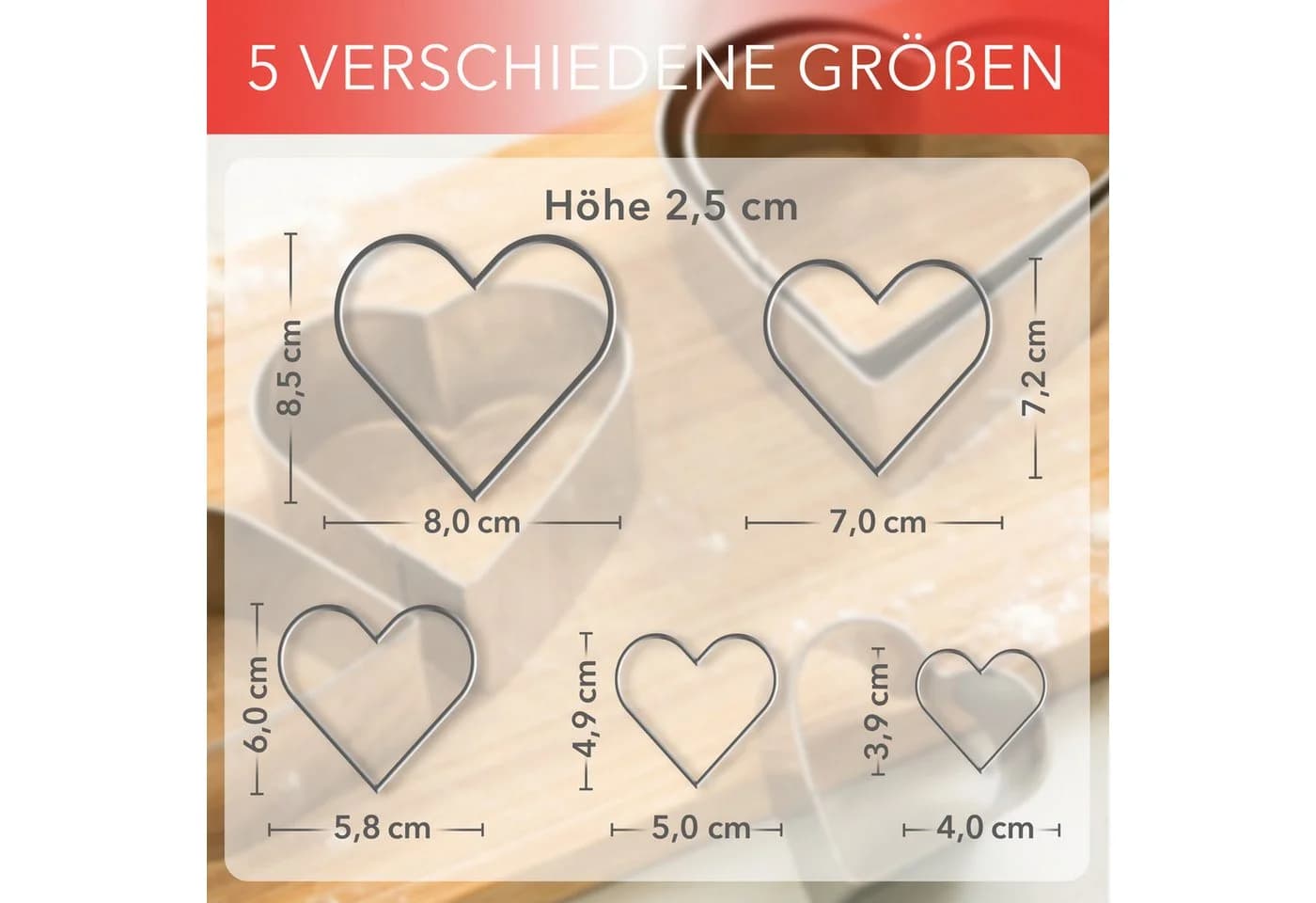 AVANA 5er-Set Edelstahl Herz-Ausstecher Rostfrei Silber - Bild 4