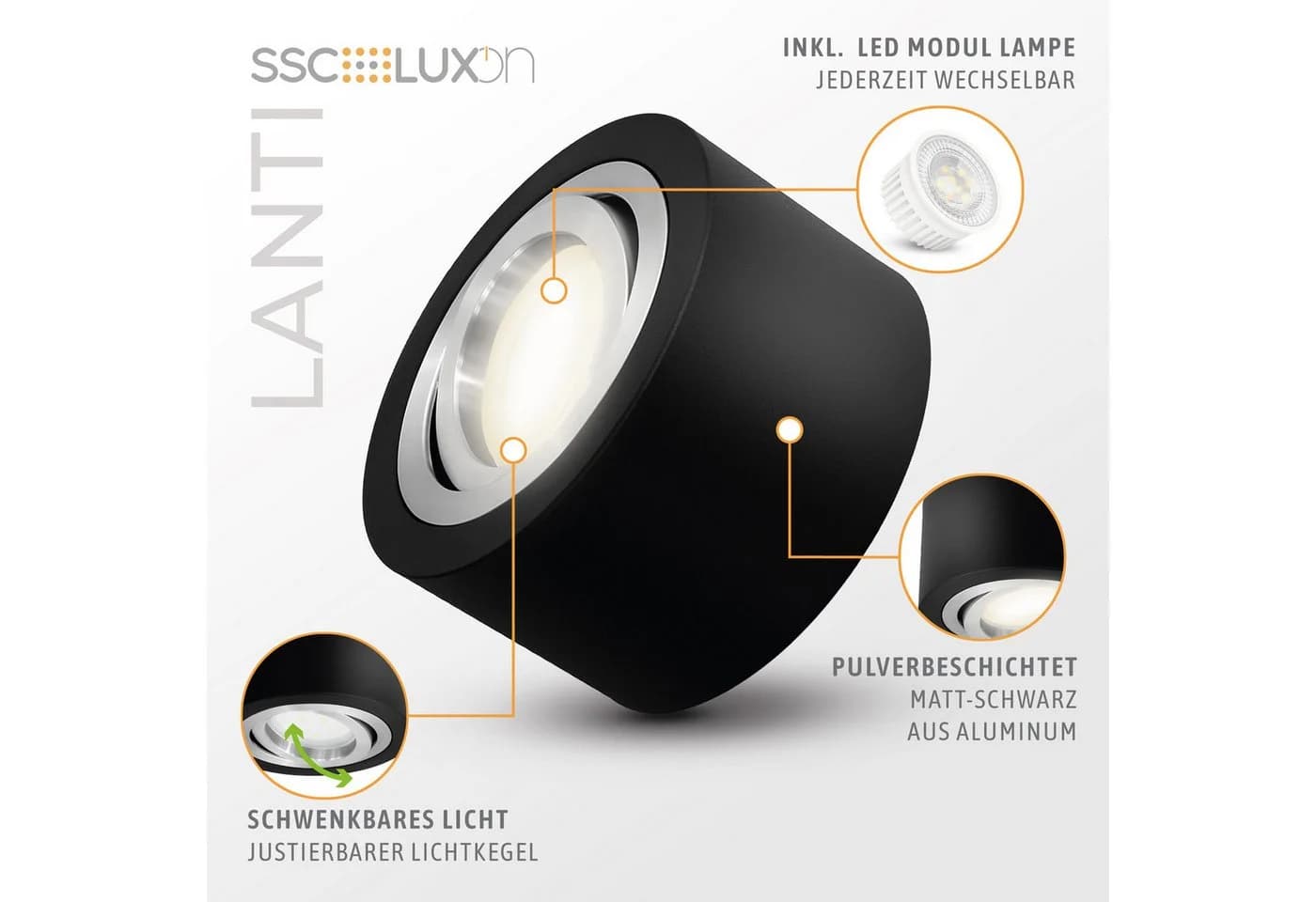SSC-LUXon LED Aufbaustrahler LANTI Deckenspot rund schwarz schwenkbar - Bild 3