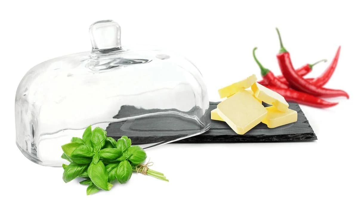 Sendez Butterdose auf Schieferplatte mit Glasglocke