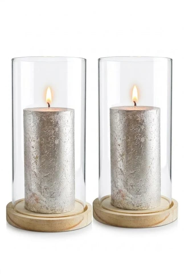 Sendez Windlicht 2 Glaszylinder mit Holzteller - Bild 2