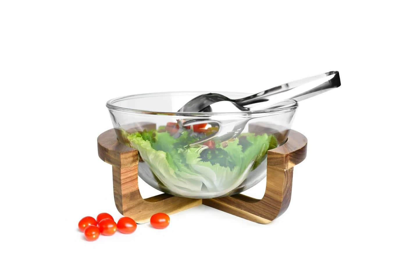 Sendez Salatschale Glas mit Edelstahlbesteck auf Akazienholz-Gestell - Bild 2