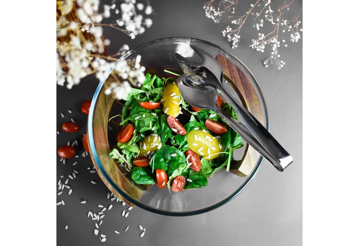 Sendez Salatschale Glas mit Edelstahlbesteck auf Akazienholz-Gestell - Bild 3