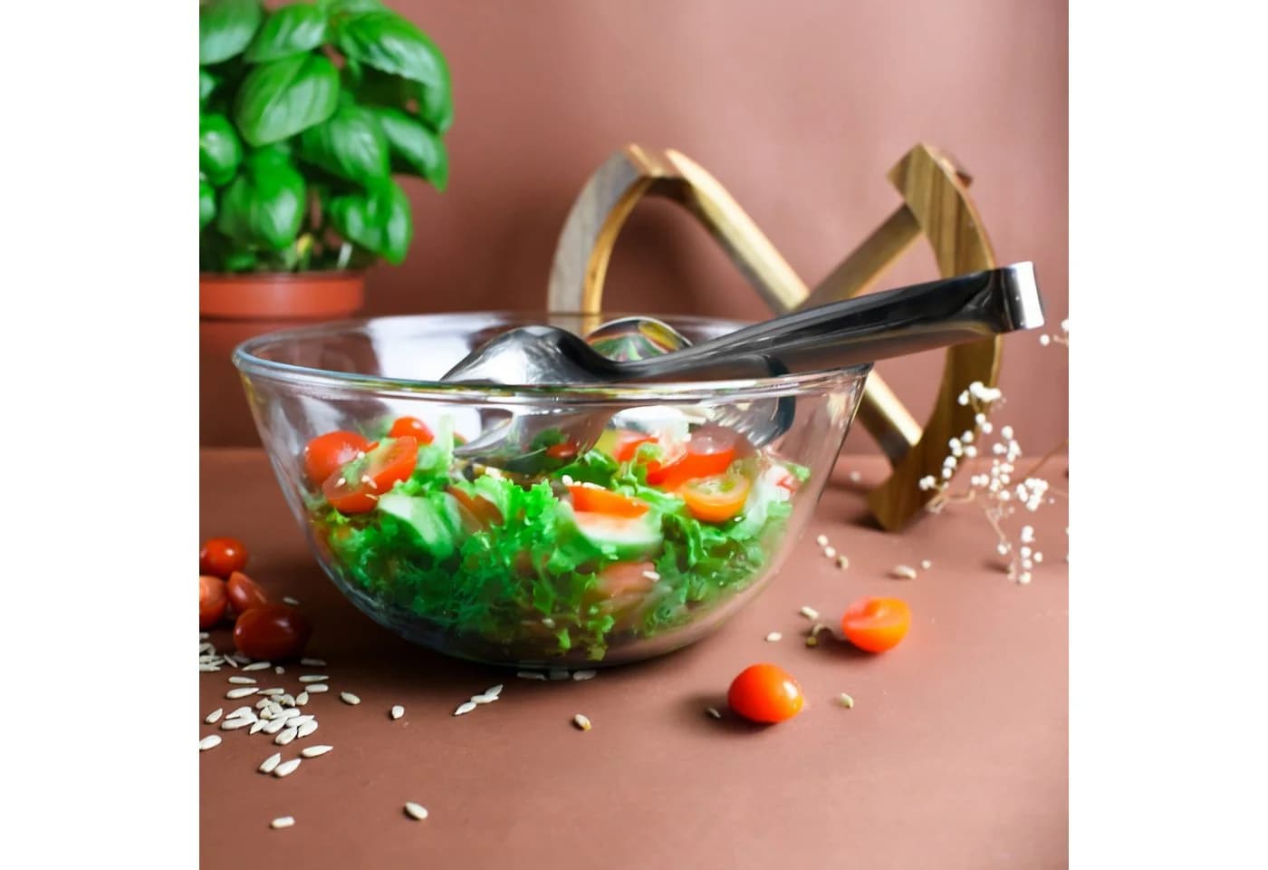 Sendez Salatschale Glas mit Edelstahlbesteck auf Akazienholz-Gestell - Bild 4