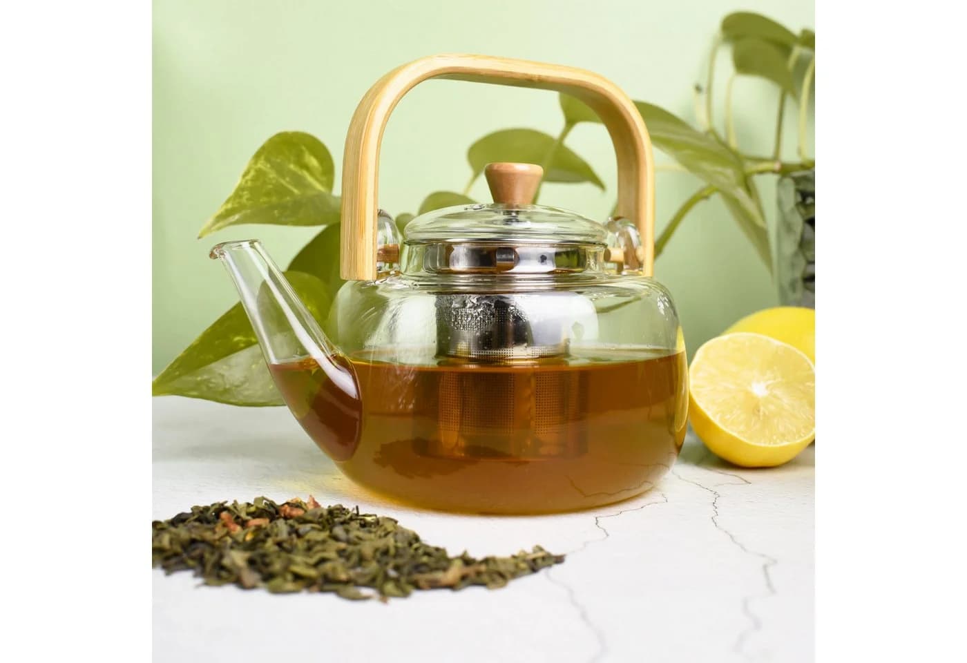 Sendez Teekanne mit Bambusgriff und Edelstahlsieb, 950 ml Glas