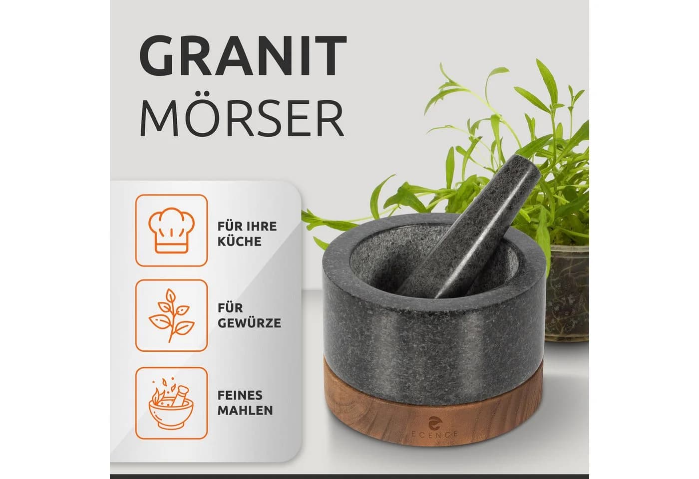 ECENCE Granitmörser mit Stößel und Akazienholz-Sockel