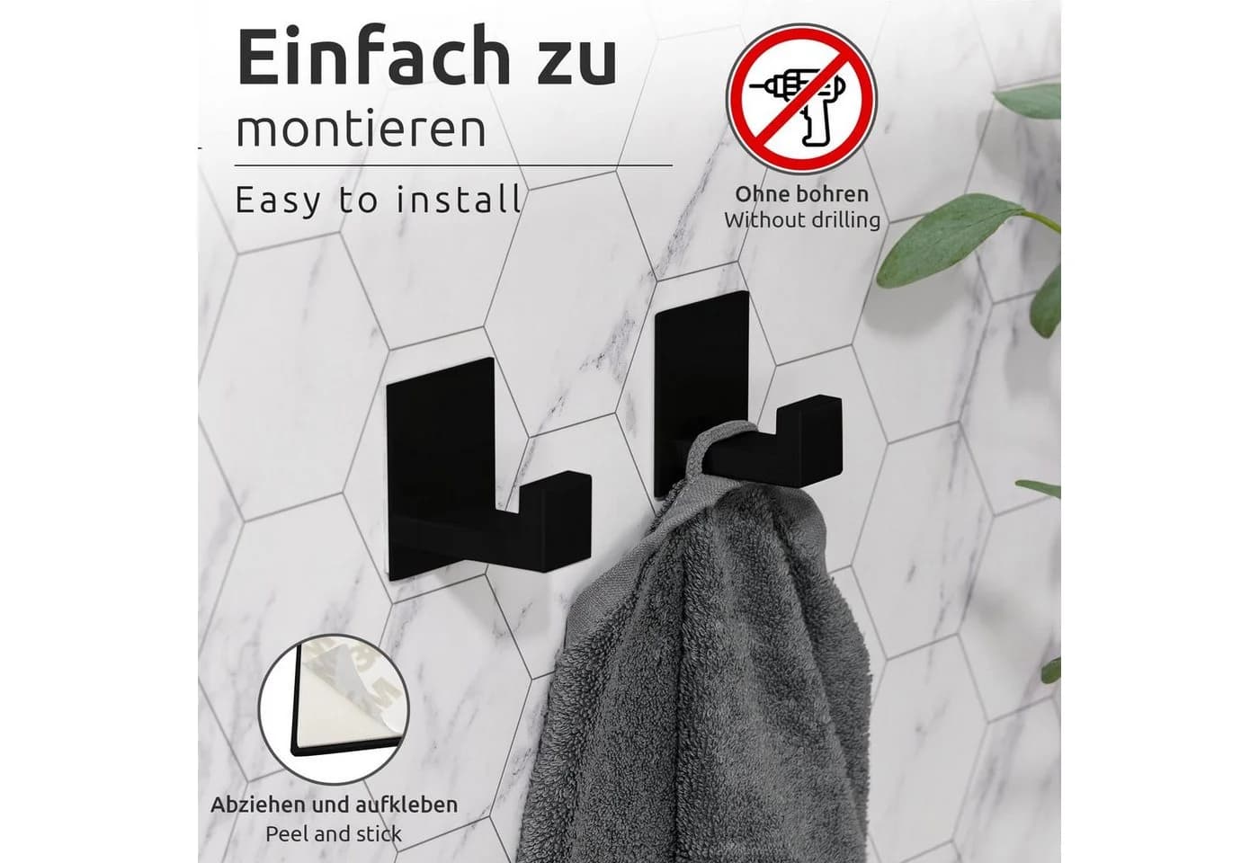 ECENCE Handtuchhalter 2x Schwarz Selbstklebend Edelstahl - Bild 4