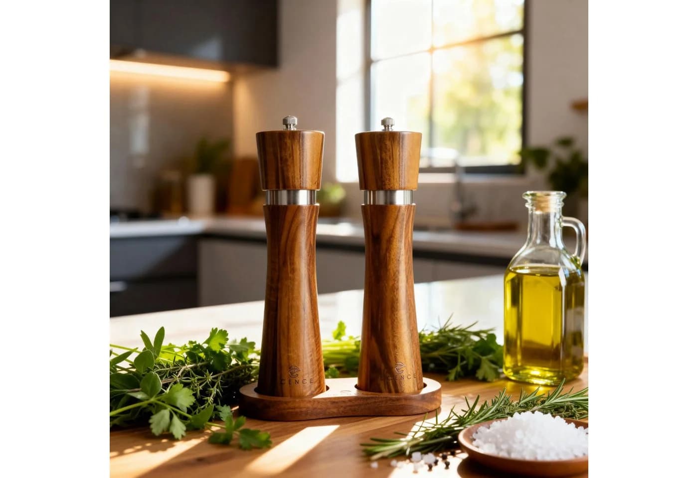 ECENCE Salz- und Pfeffermühle 2er Set Akazienholz Keramikmahlwerk