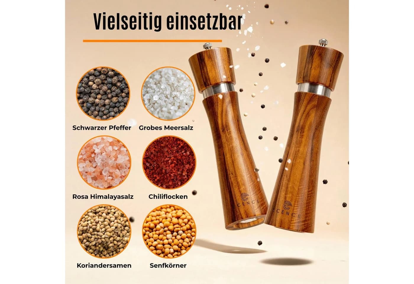 ECENCE Salz- und Pfeffermühle 2er Set Akazienholz Keramikmahlwerk - Bild 3