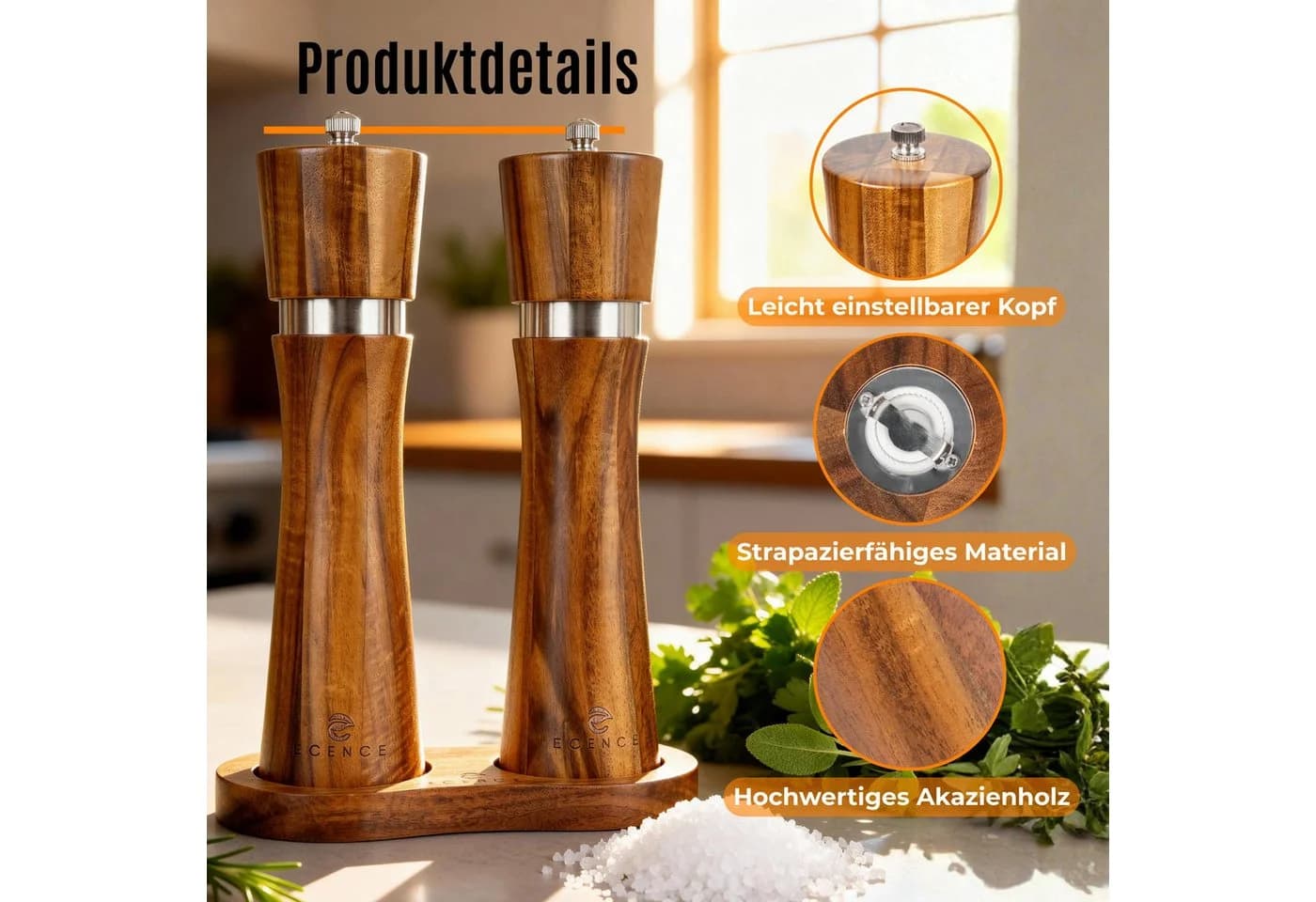 ECENCE Salz- und Pfeffermühle 2er Set Akazienholz Keramikmahlwerk - Bild 4