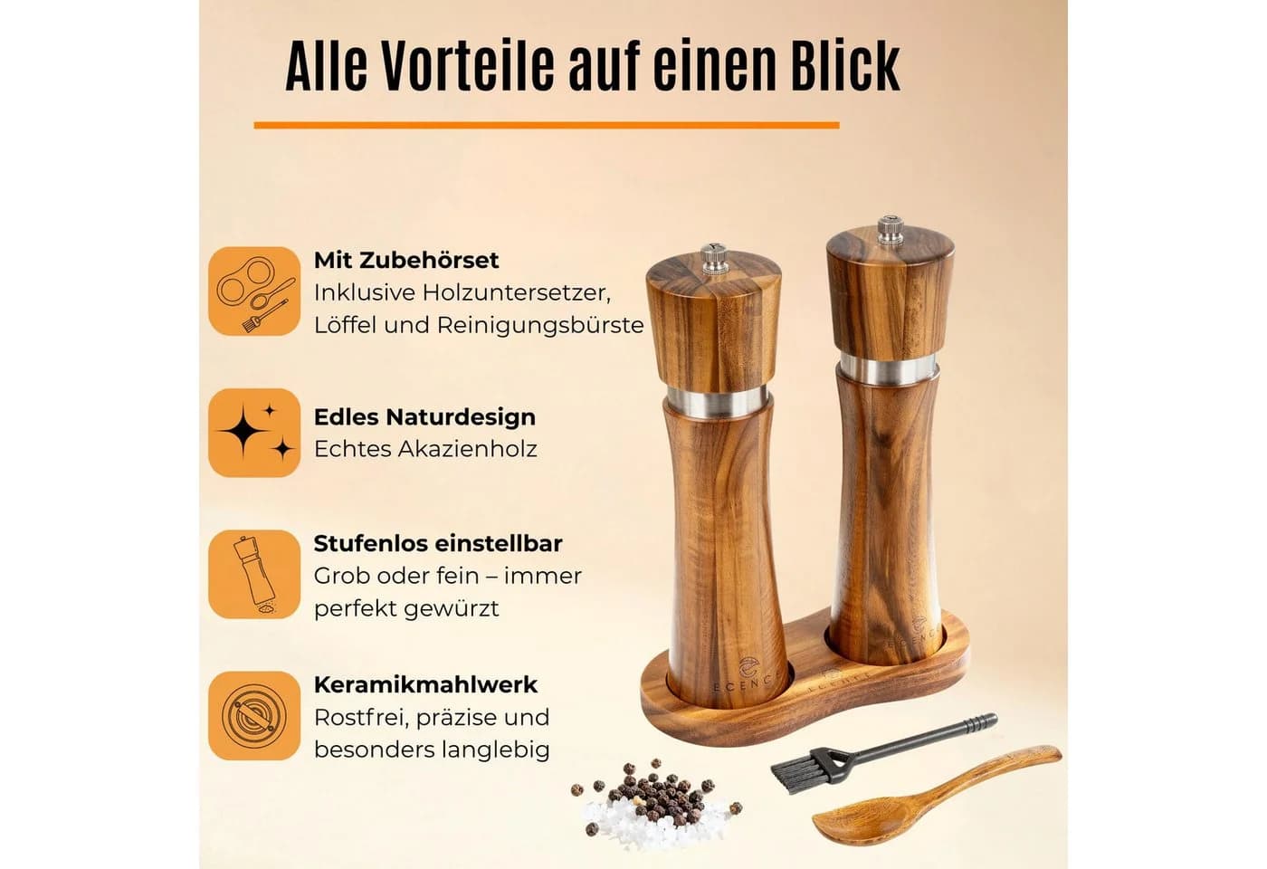 ECENCE Salz- und Pfeffermühle 2er Set Akazienholz Keramikmahlwerk - Bild 5