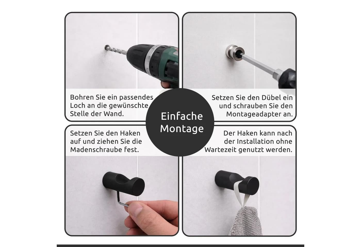 ECENCE Wandhaken 4 Stück Schwarz Edelstahl 304 zum Bohren - Bild 5