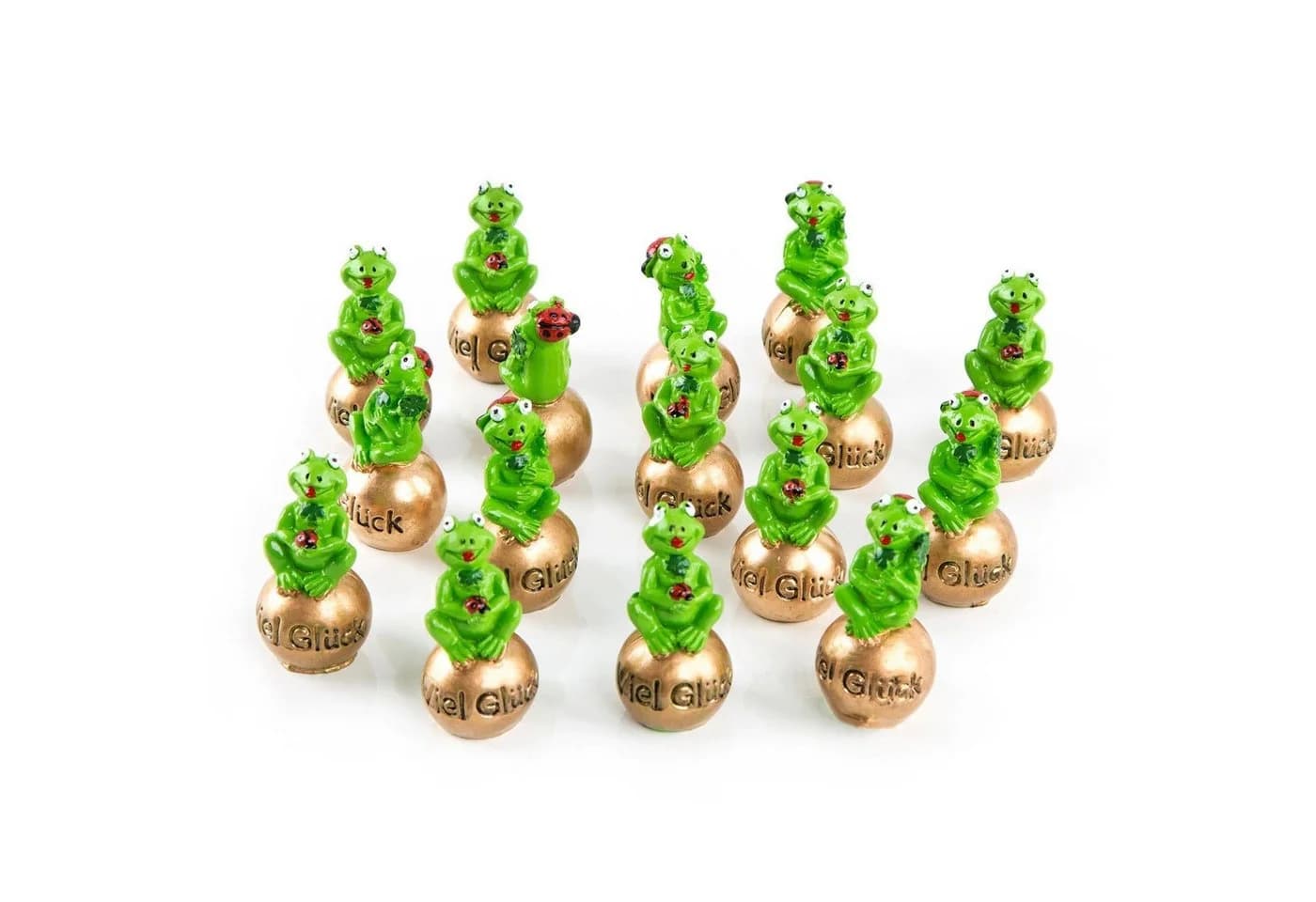 Logbuch-Verlag Dekofigur 16 kleine Frösche 5cm auf Goldener Kugel VIEL GLÜCK