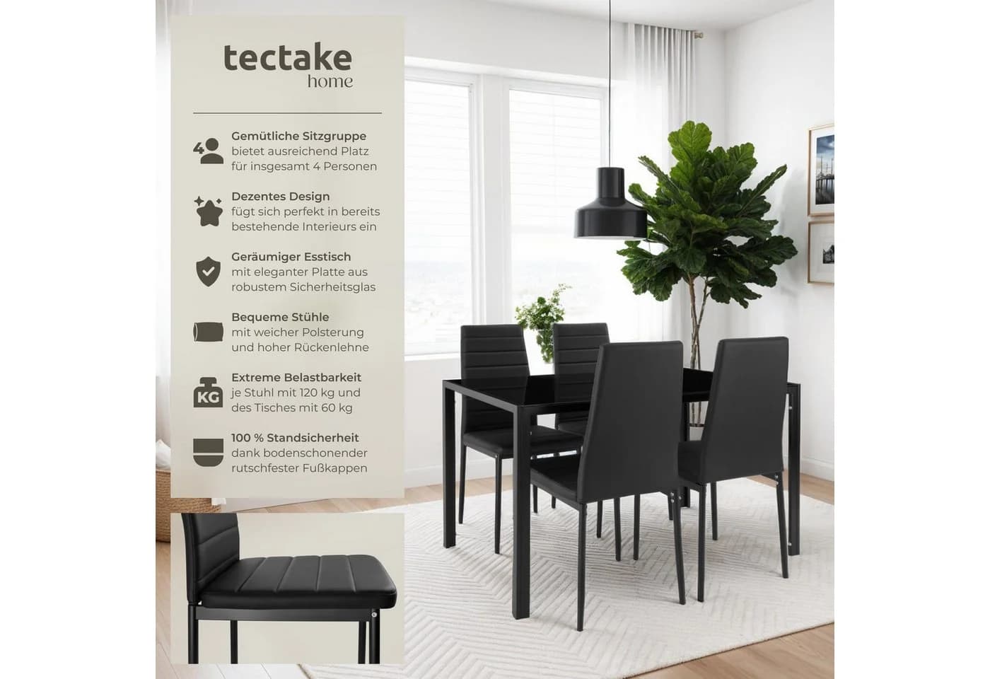 tectake Essgruppe Berlin 5-tlg. Schwarz Kunstleder Glas - Bild 2