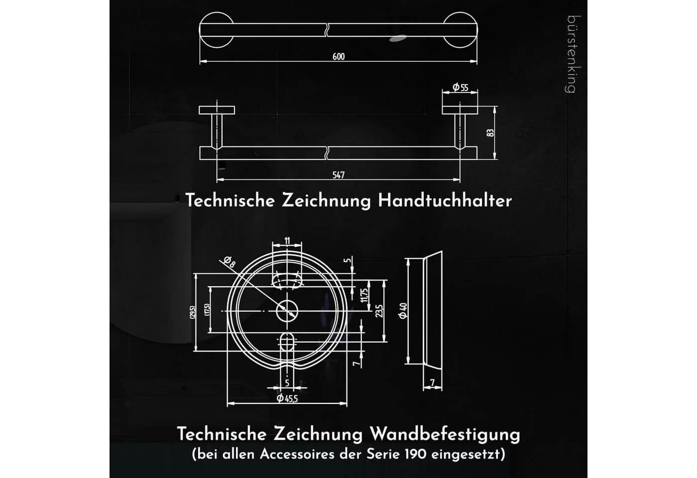 Bürstenking Handtuchhalter 60 cm Wand Badetuchhalter Edelstahl gebürstet Serie 190 - Bild 4