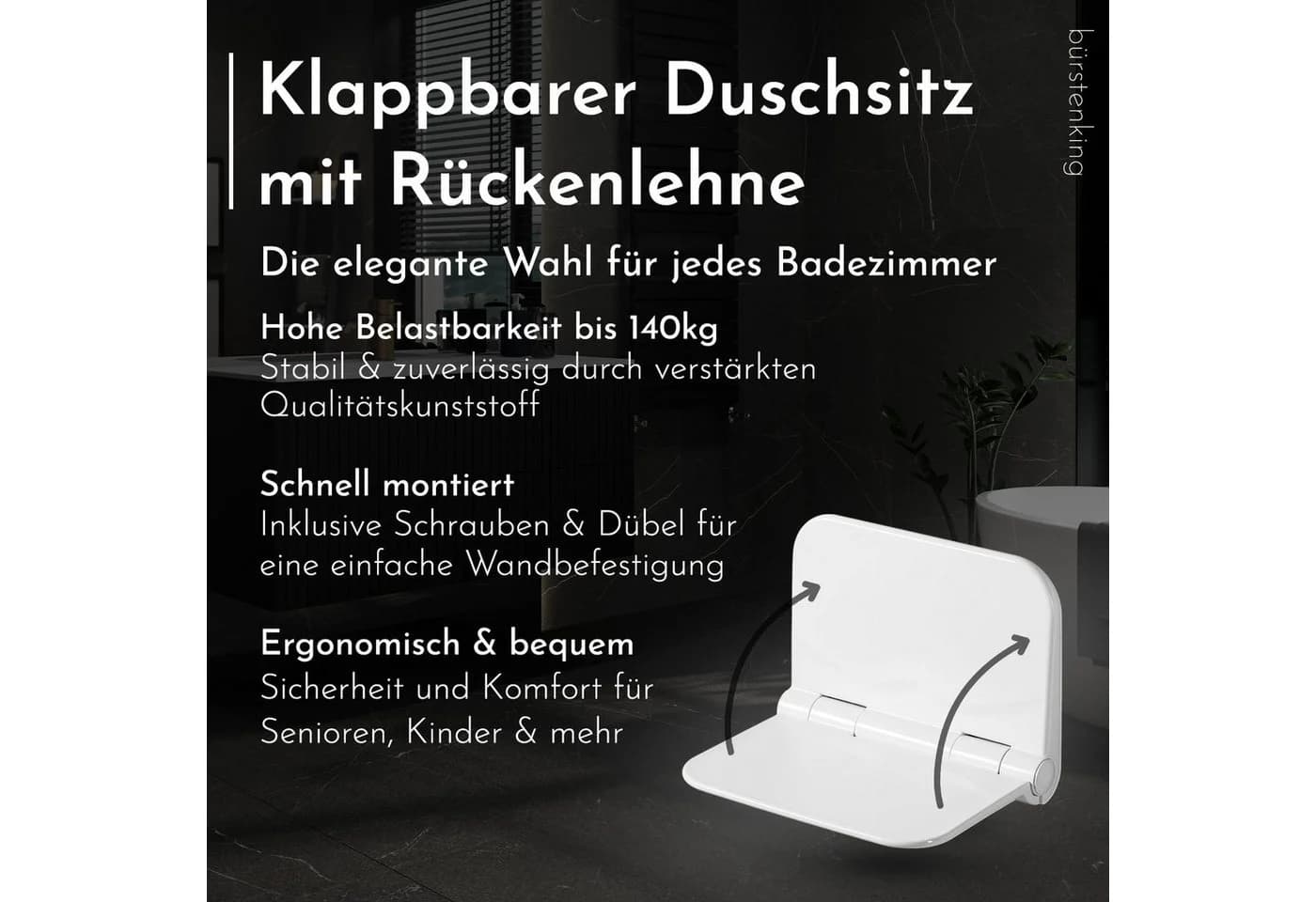 Bürstenking Duschklappsitz klappbar mit Rückenlehne weiß