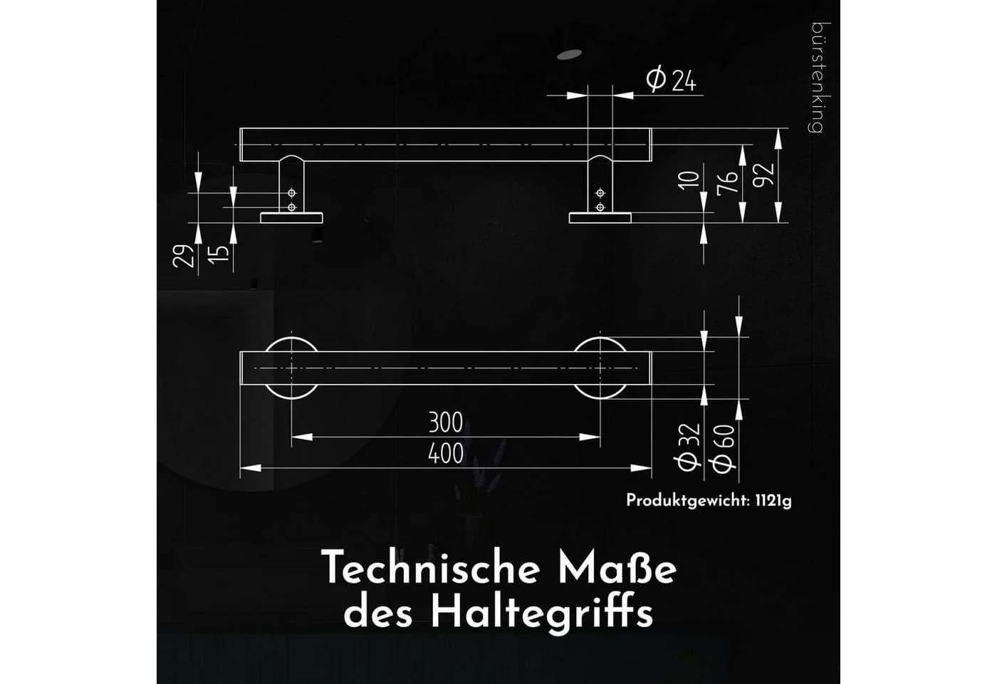 Bürstenking Haltegriff 400 mm Chrom massiv Messing - Bild 5